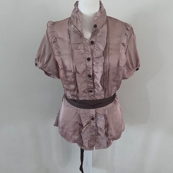 Y2K Body Central Poetry Satin Ruffle Button Down Short Sleeve Blouse |Size Large - Picture 1 of 8